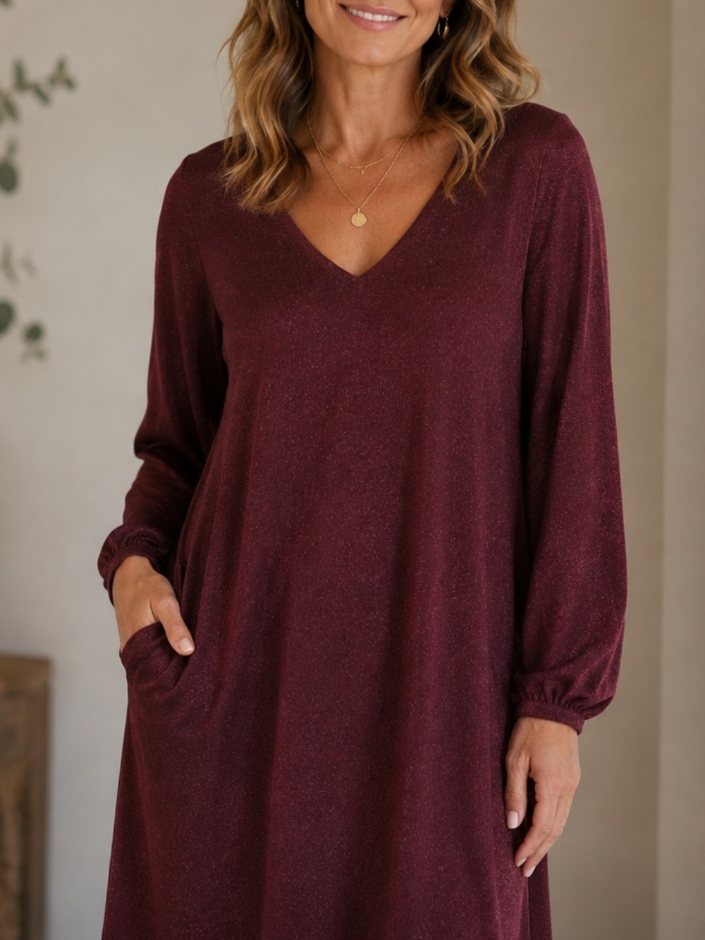 New 3X Kim Gravel Burgundy V-Neck Long Sleeve Knit Swing Dress
